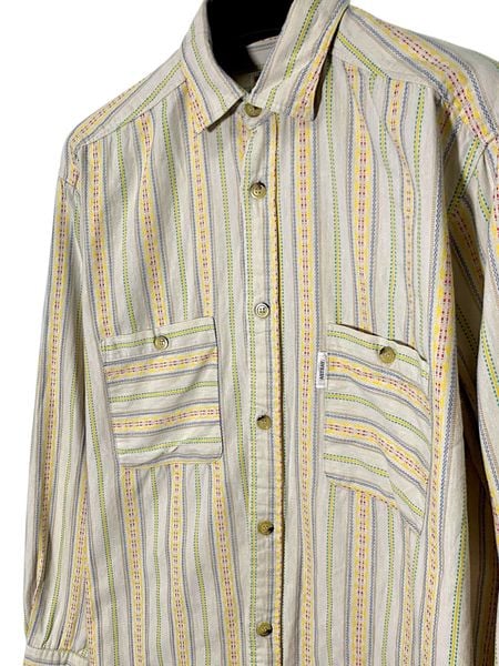  |SIZE L| ASTRAY CREAM MULTI-POCKET STRIPED BUTTON UP LONG SLEEVE SHIRT AOL-7128 