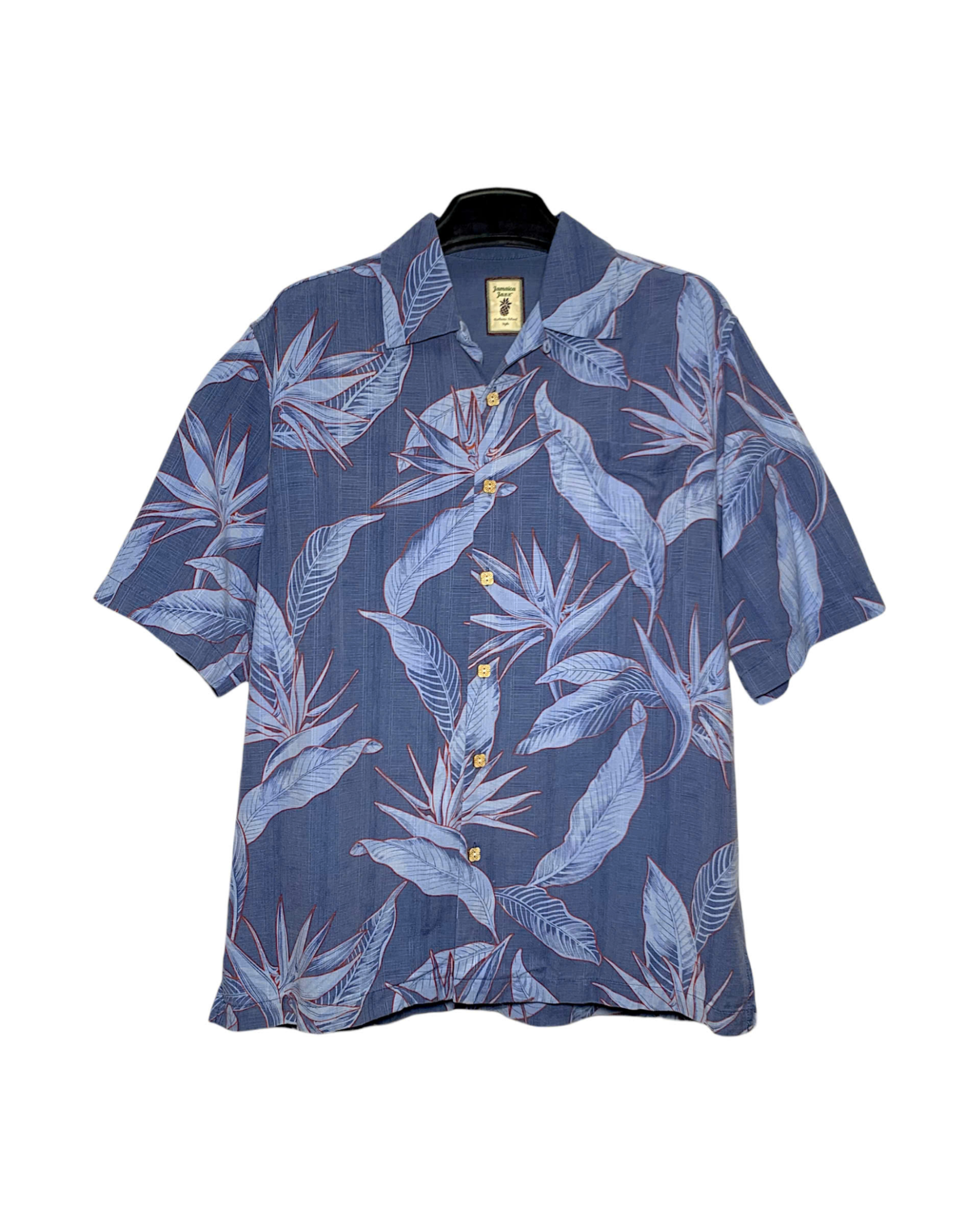  |SIZE L| JAMAICA JAXX BLUE TROPICAL LEAF PRINT BUTTON UP HAWAIIAN SHIRT AOL-7243 
