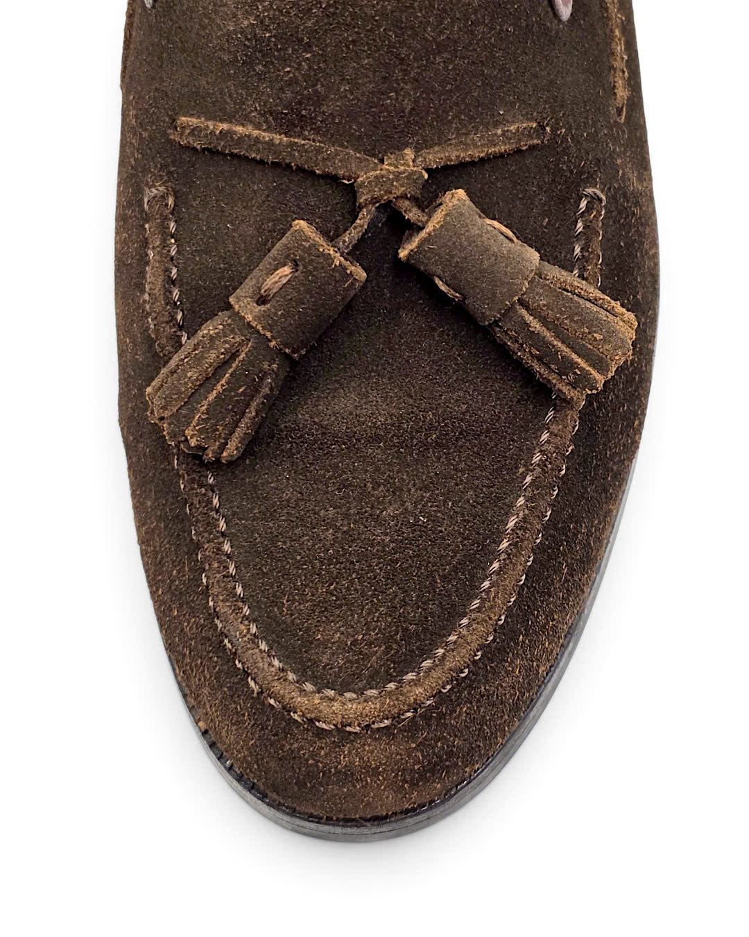  |SIZE 38.5| UNION IMPERIAL UNIVERSAL LANGUAGE DARK BROWN SUEDE APRON TASSEL LOAFER AY38.5-8597 