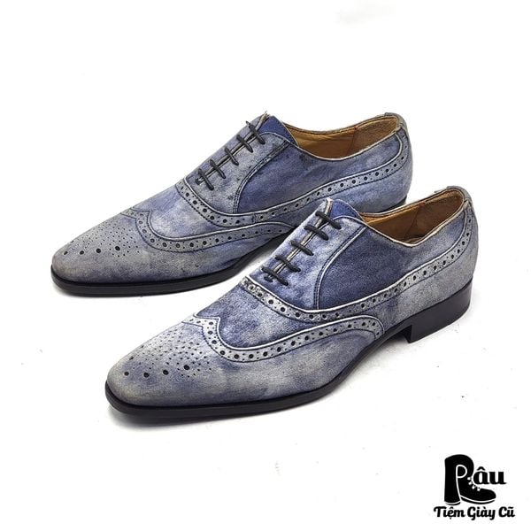  |SIZE 43| GIORGIO 1958 PLATINUM MTO BLUE SUEDE WINGTIP BROGUE OXFORD SHOES AW43-7625 