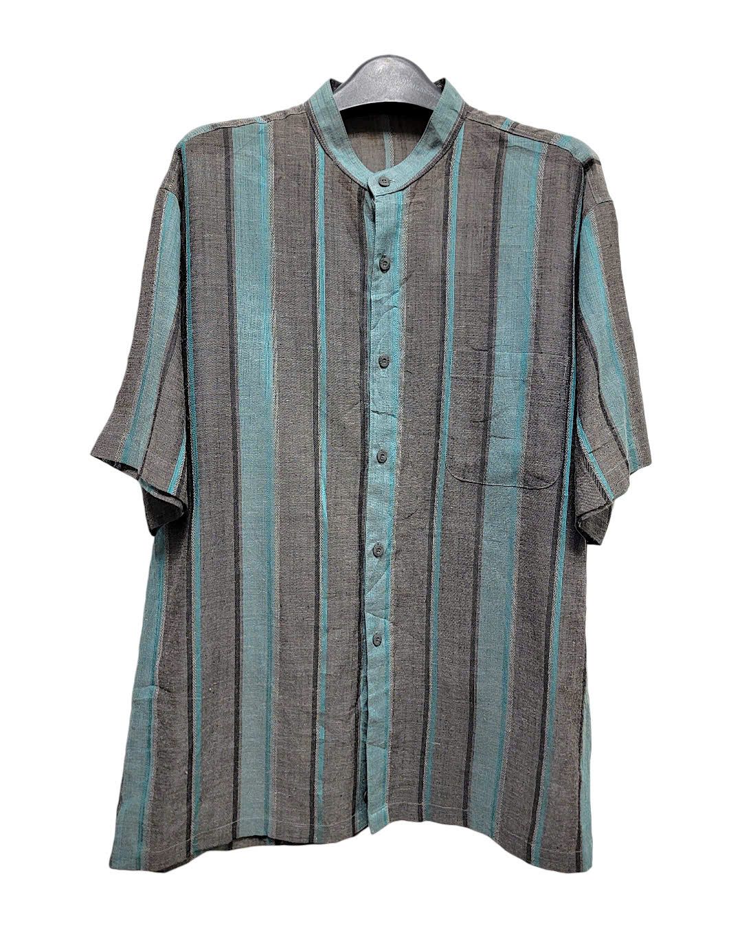  |SIZE L| T&C ROUND COLLAR POCKET STRIPED BUTTON UP SHORT SLEEVE SHIRT AOL-7477 