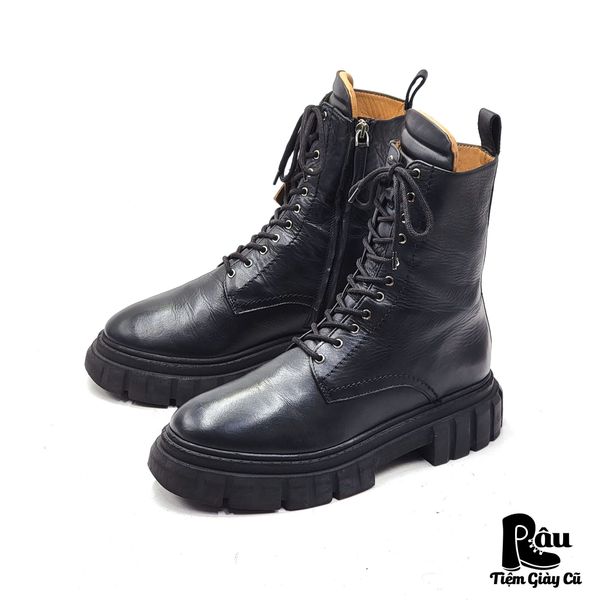  |SIZE 38| ANGELO BERVICATO BLACK CHUNKY SIDE-ZIP LACE-UP BOOT AV38-7674 