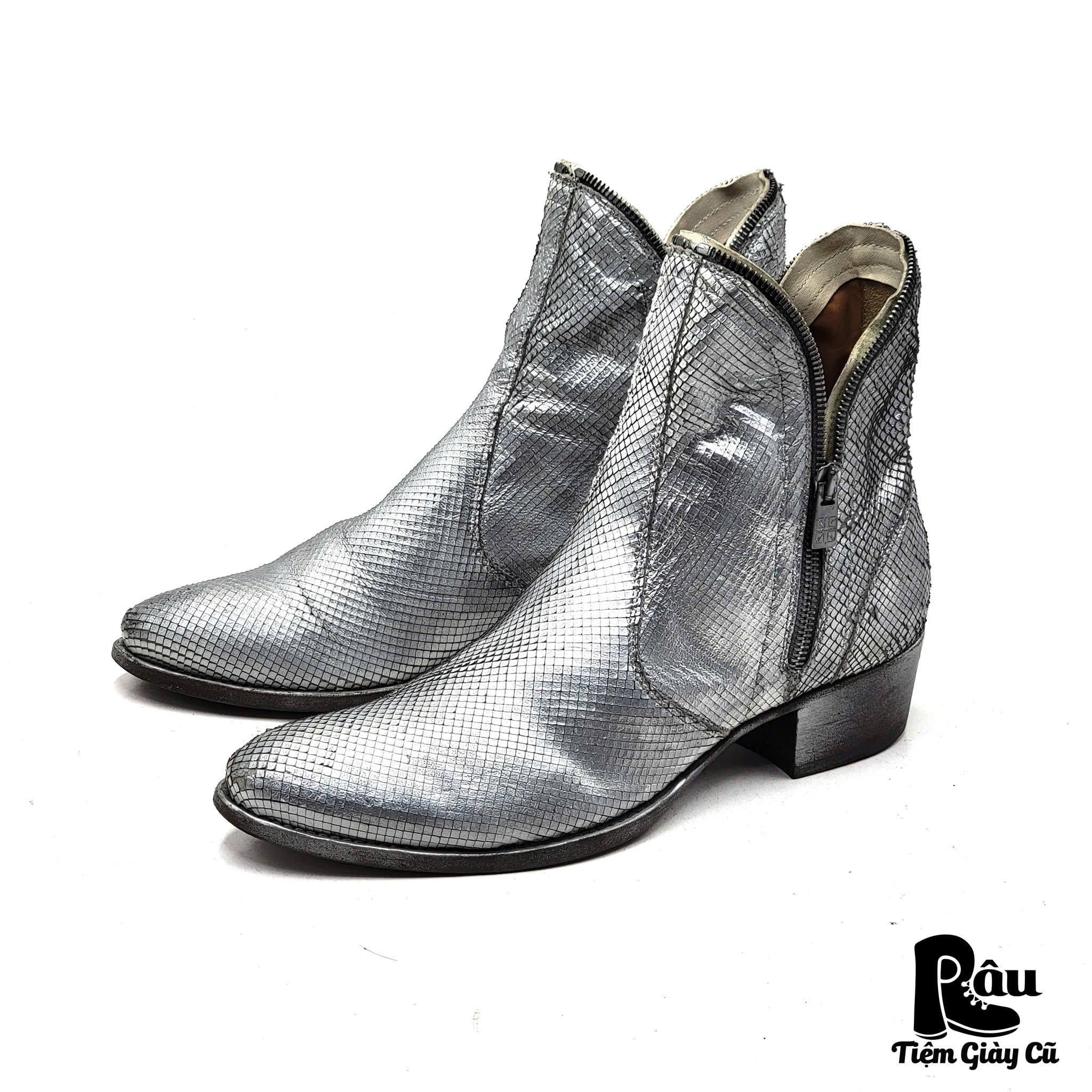  |SIZE 40| PANTANETTI SILVER METALLIC DOUBLE SIDE-ZIP ANKLE BOOT AT40-7708 