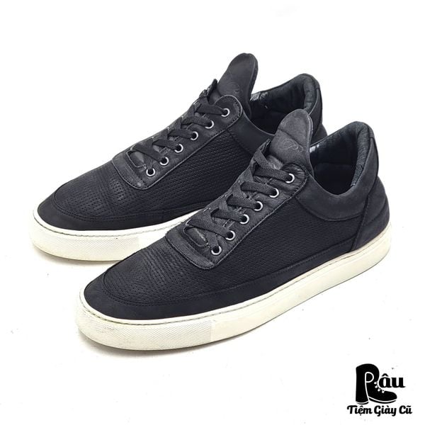  |SIZE 43| FILLING PIECES BLACK PERFORATED LOW-TOP LEATHER SNEAKER Z43-7859 
