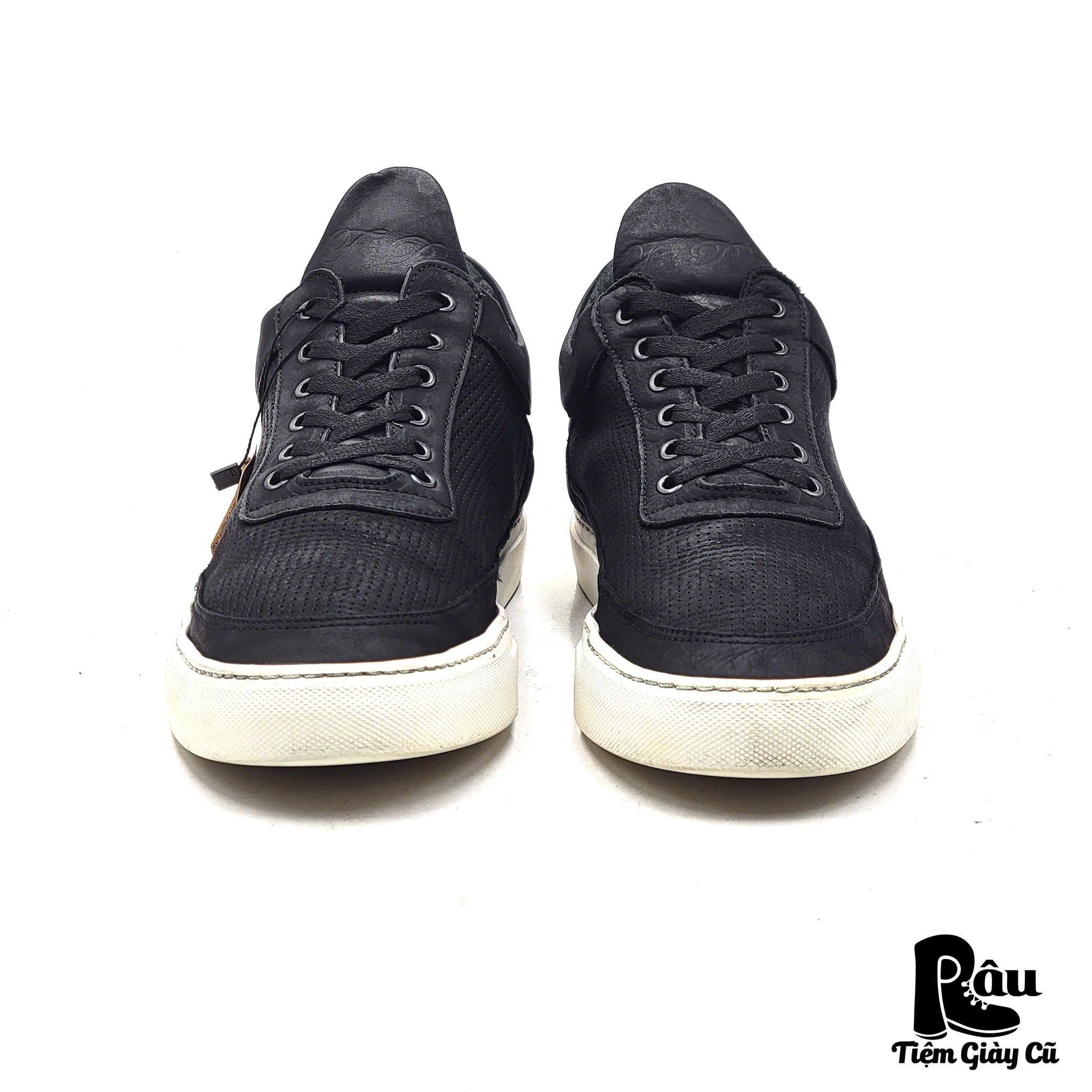  |SIZE 43| FILLING PIECES BLACK PERFORATED LOW-TOP LEATHER SNEAKER Z43-7859 