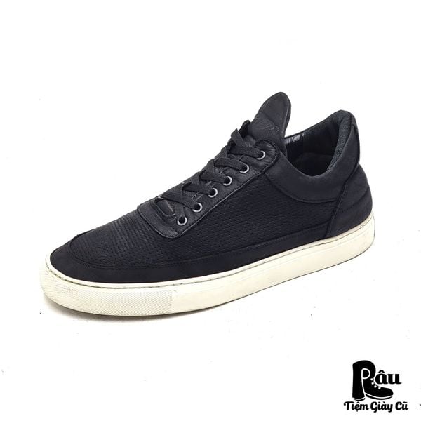  |SIZE 43| FILLING PIECES BLACK PERFORATED LOW-TOP LEATHER SNEAKER Z43-7859 