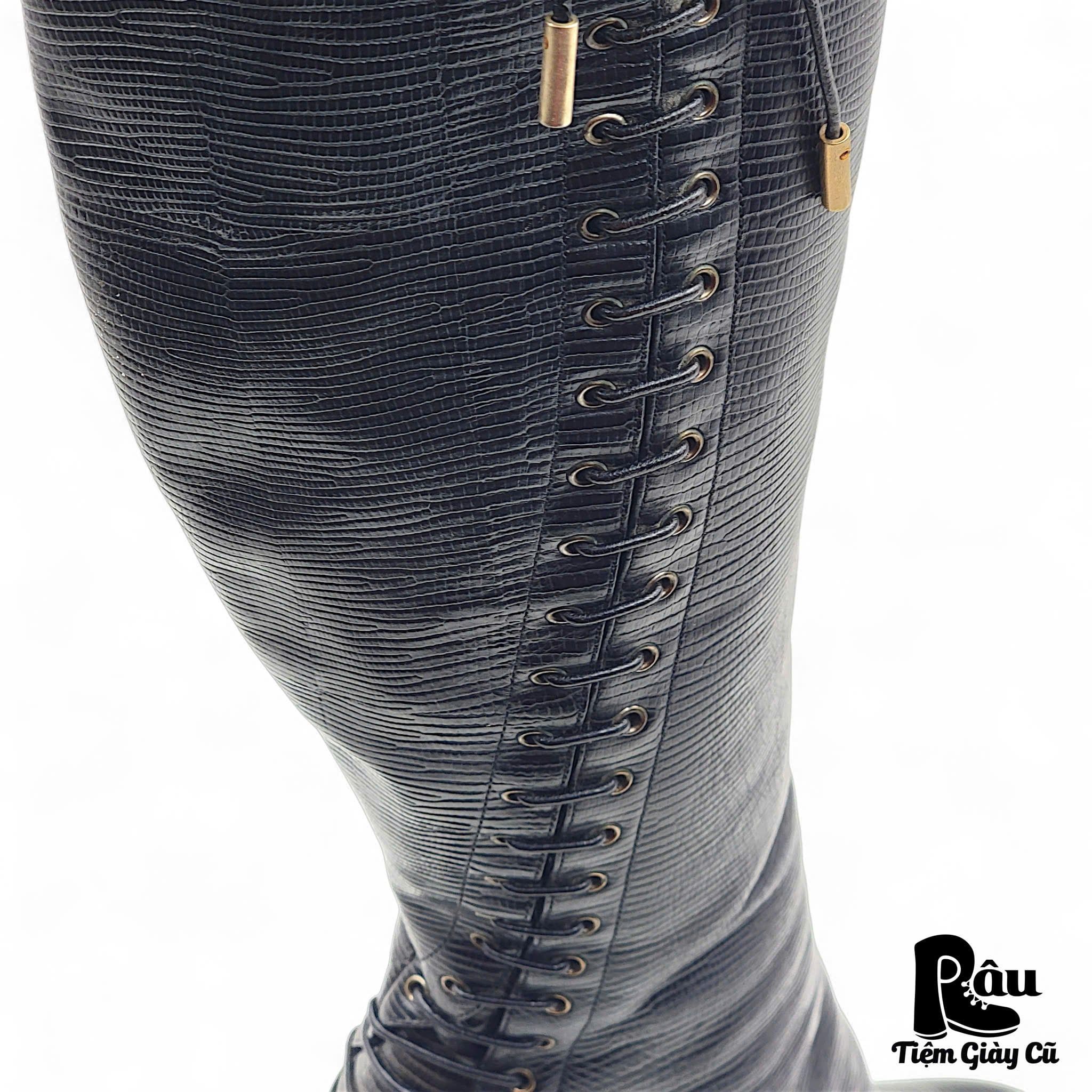  |SIZE 36| SERGIO ROSSI BLACK LIZARD-PRINTED KNEE HIGH BOOT Z36-8179 