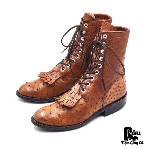  |SIZE 38| LUCCHESE F7037 FULL QUILL OSTRICT LACE-UP ROPER BOOT AX38-8187 