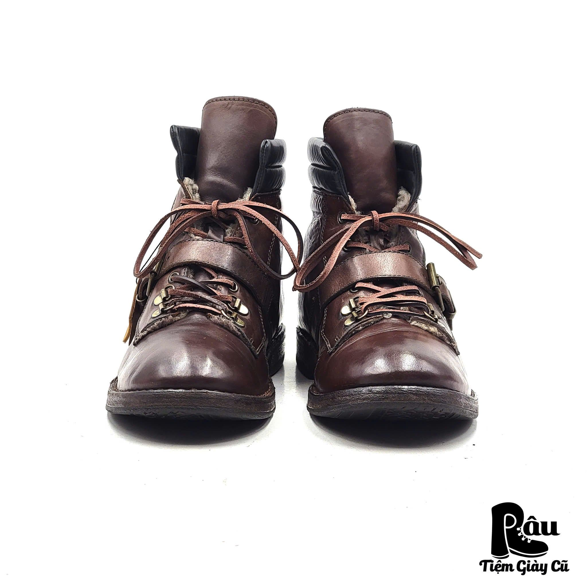  |SIZE 42| MOMA BROWN VEGTAN FUR-LINED BUCKLE ANKLE LACE-UP BOOT Z42-8243 