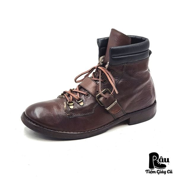  |SIZE 42| MOMA BROWN VEGTAN FUR-LINED BUCKLE ANKLE LACE-UP BOOT Z42-8243 