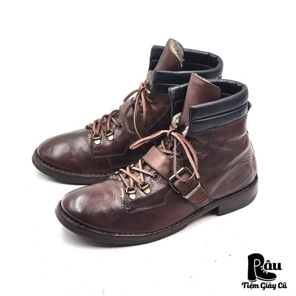  |SIZE 42| MOMA BROWN VEGTAN FUR-LINED BUCKLE ANKLE LACE-UP BOOT Z42-8243 