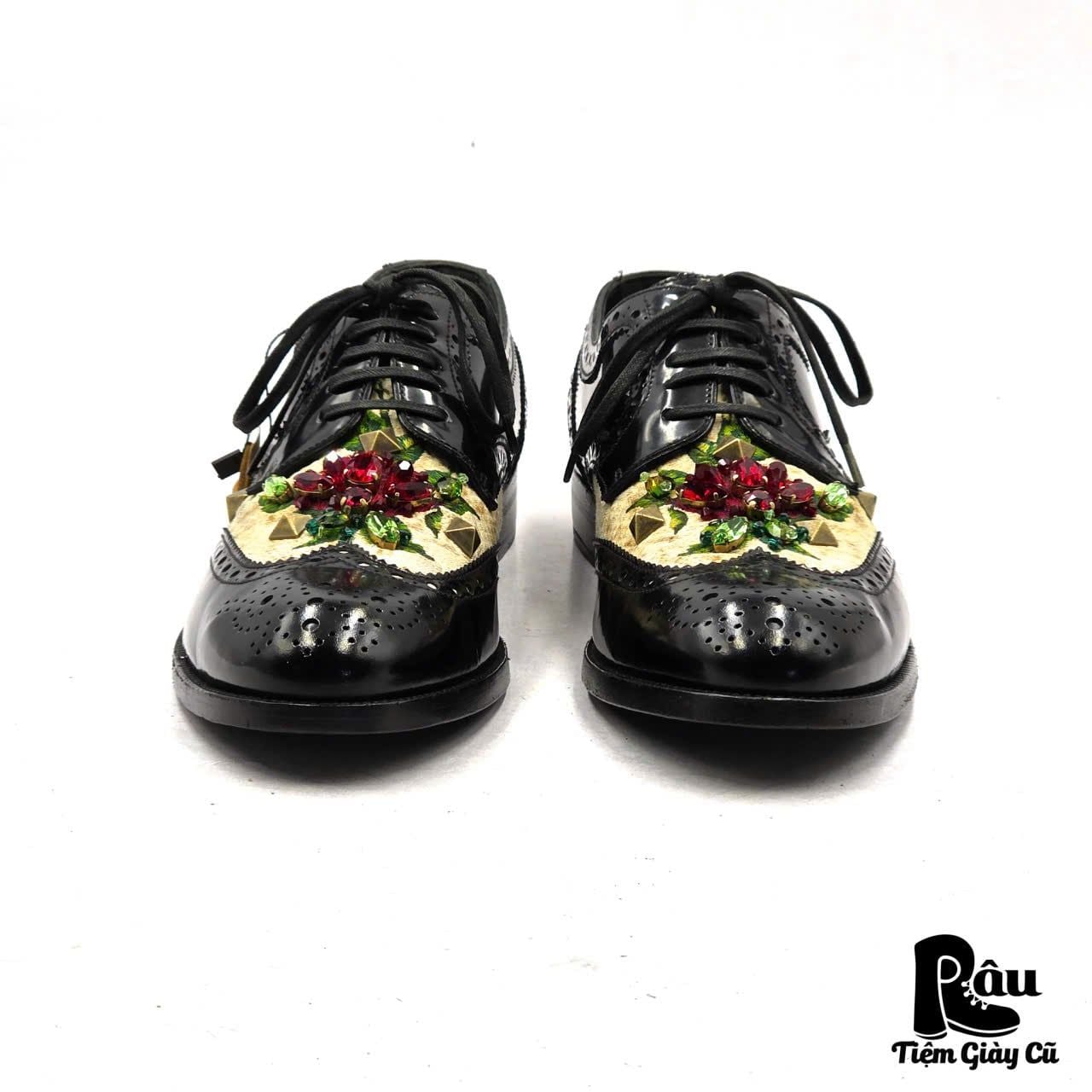  |SIZE 39| DOLCE & GABBANA CRYSTAL EMBELLISHED BLACK BROGUE OXFORDS SHOES Z39-8363 