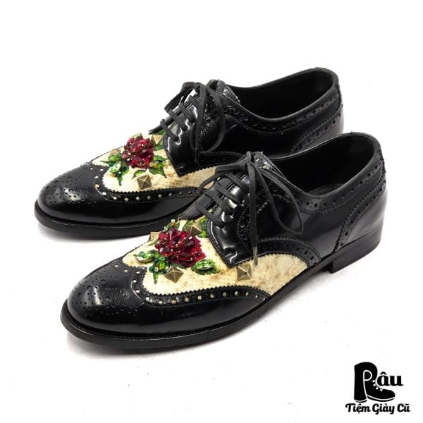 |SIZE 39| DOLCE & GABBANA CRYSTAL EMBELLISHED BLACK BROGUE OXFORDS SHOES Z39-8363 