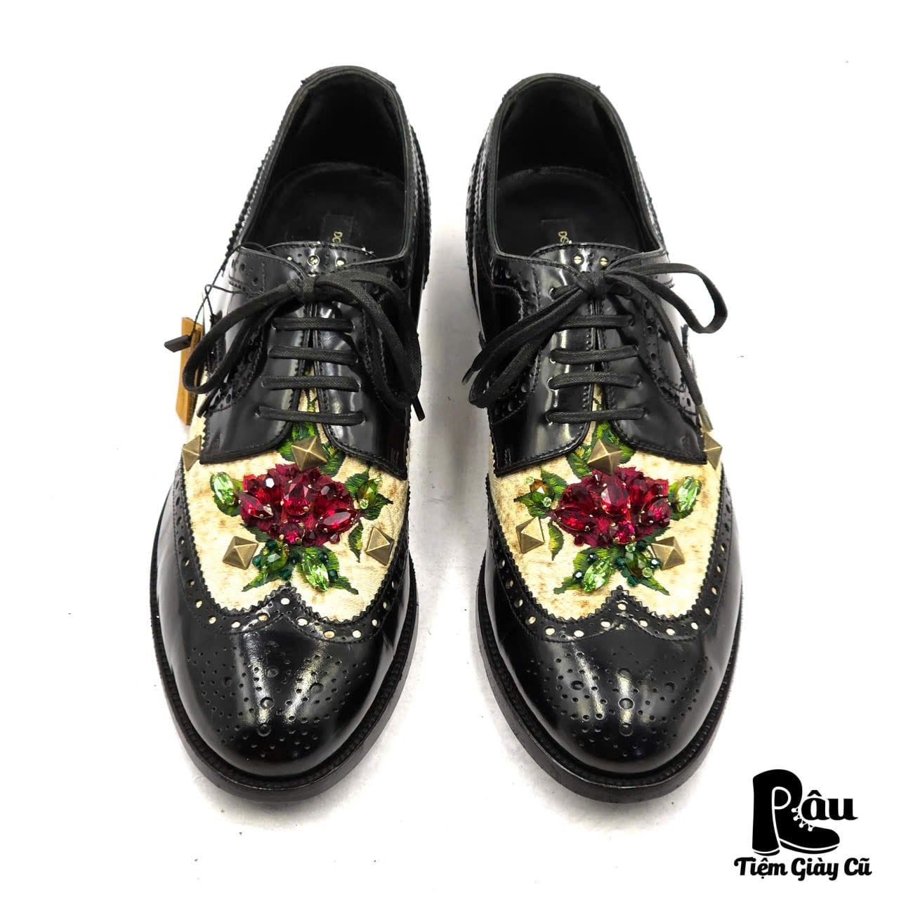  |SIZE 39| DOLCE & GABBANA CRYSTAL EMBELLISHED BLACK BROGUE OXFORDS SHOES Z39-8363 