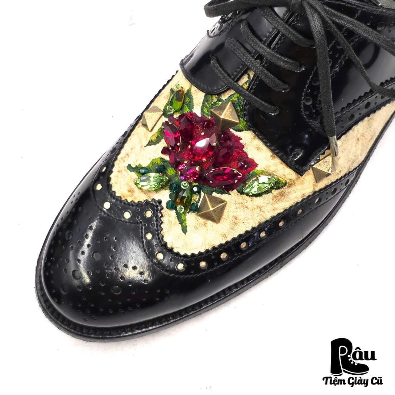  |SIZE 39| DOLCE & GABBANA CRYSTAL EMBELLISHED BLACK BROGUE OXFORDS SHOES Z39-8363 