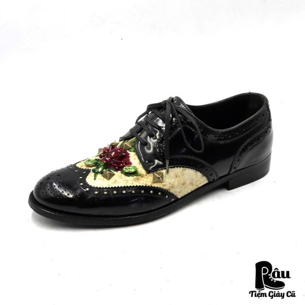  |SIZE 39| DOLCE & GABBANA CRYSTAL EMBELLISHED BLACK BROGUE OXFORDS SHOES Z39-8363 