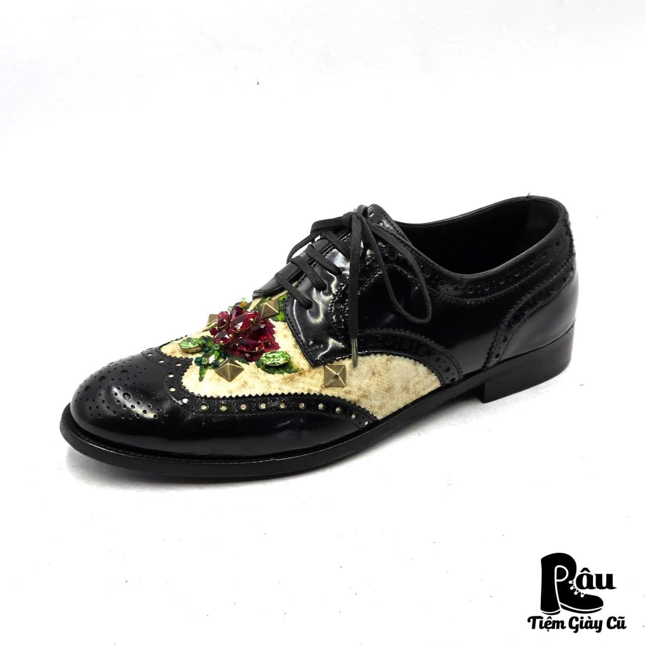  |SIZE 39| DOLCE & GABBANA CRYSTAL EMBELLISHED BLACK BROGUE OXFORDS SHOES Z39-8363 