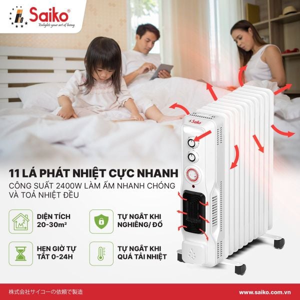 Máy Sưởi Dầu Saiko OR-8211T 11 Thanh (2400W)