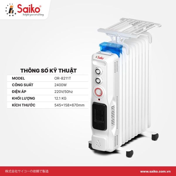Máy Sưởi Dầu Saiko OR-8211T 11 Thanh (2400W)
