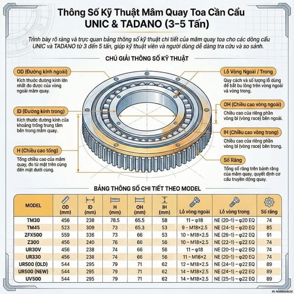 biệt quan trọng nhất giữa các model mâm quay toa Unic 3 tấn (UR30V vs UR330) và 5 tấn (UR500 Cũ vs Mới, UR500 Mới vs UV500)
