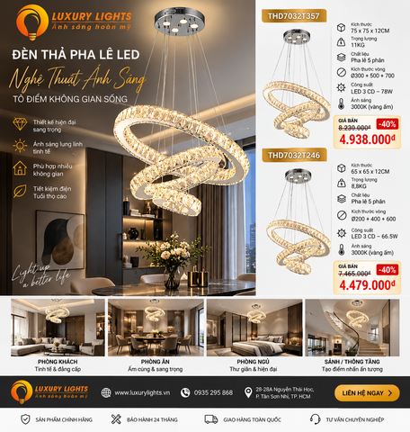 Đèn Thả Pha Lê LED 5 Vòng THD7032T357 – Sang Trọng, Hiện Đại Cho Phòng Khách