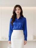  ÁO SƠ MI TAY DÀI XANH COBAN VẢI LỤA CÓ ĐỘ BÓNG NHẸ FOM RỘNG CÔNG SỞ THANH LỊCH SANG TRỌNG (SIZE S-FREESIZE) 