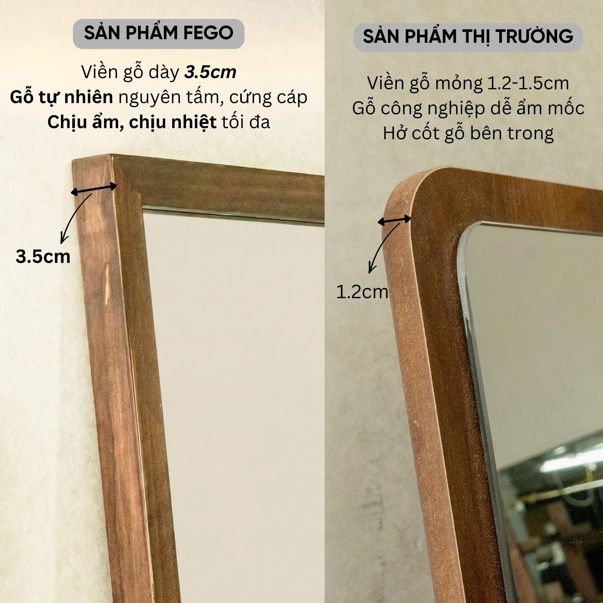  Gương Toàn Thân Viền Gỗ Fego- Gương Treo Tường / Gương Dựa Tường Khung Gỗ Cao 150cm/ 160cm 