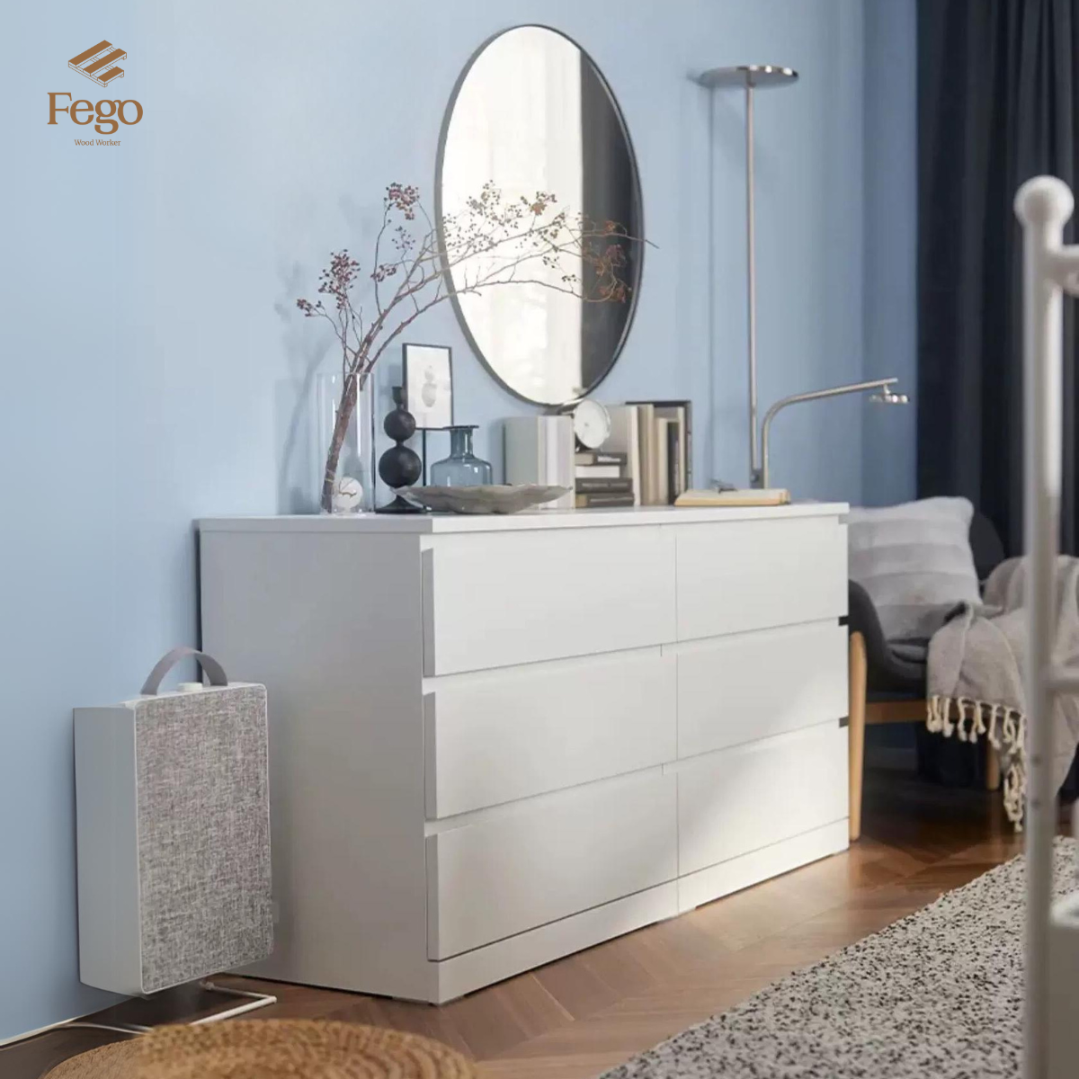  Tủ gỗ Cabinet 6 ngăn kéo cất trữ gỗ MDF trắng chống ẩm FEGO 