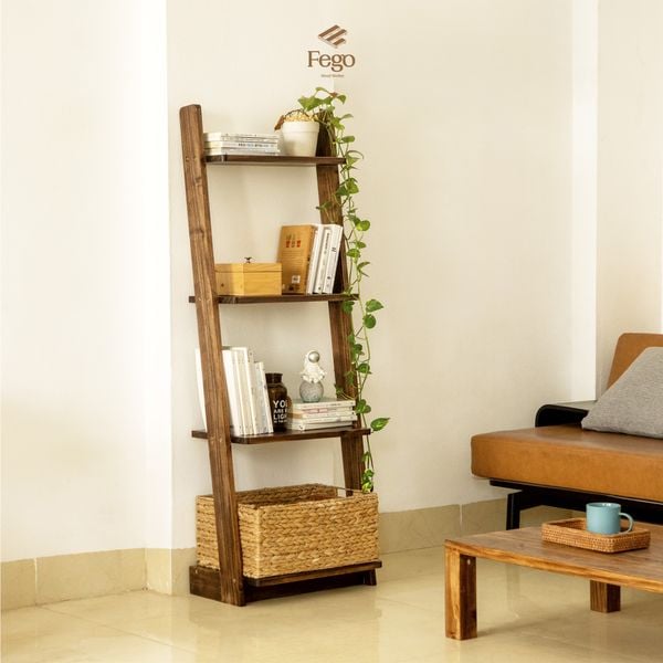  Kệ thang 4 tầng gỗ thông tự nhiên kết hợp chân đế chắc chắn, Kệ để sách, đồ trưng bày trang trí phòng khách , phòng làm việc 