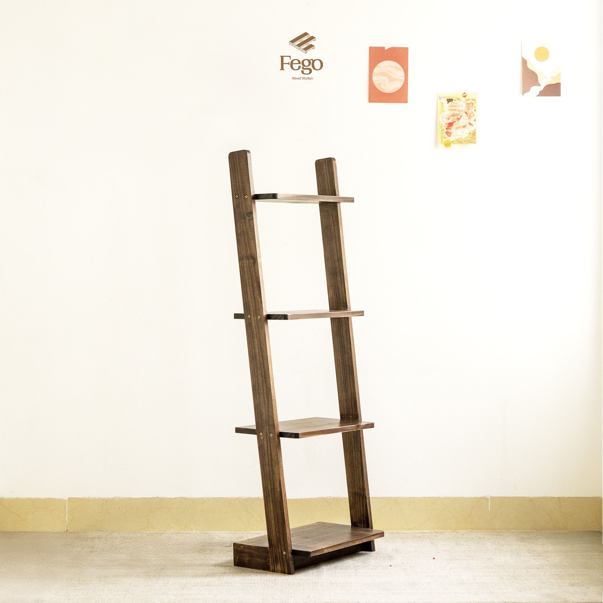  Kệ thang 4 tầng gỗ thông tự nhiên kết hợp chân đế chắc chắn, Kệ để sách, đồ trưng bày trang trí phòng khách , phòng làm việc 