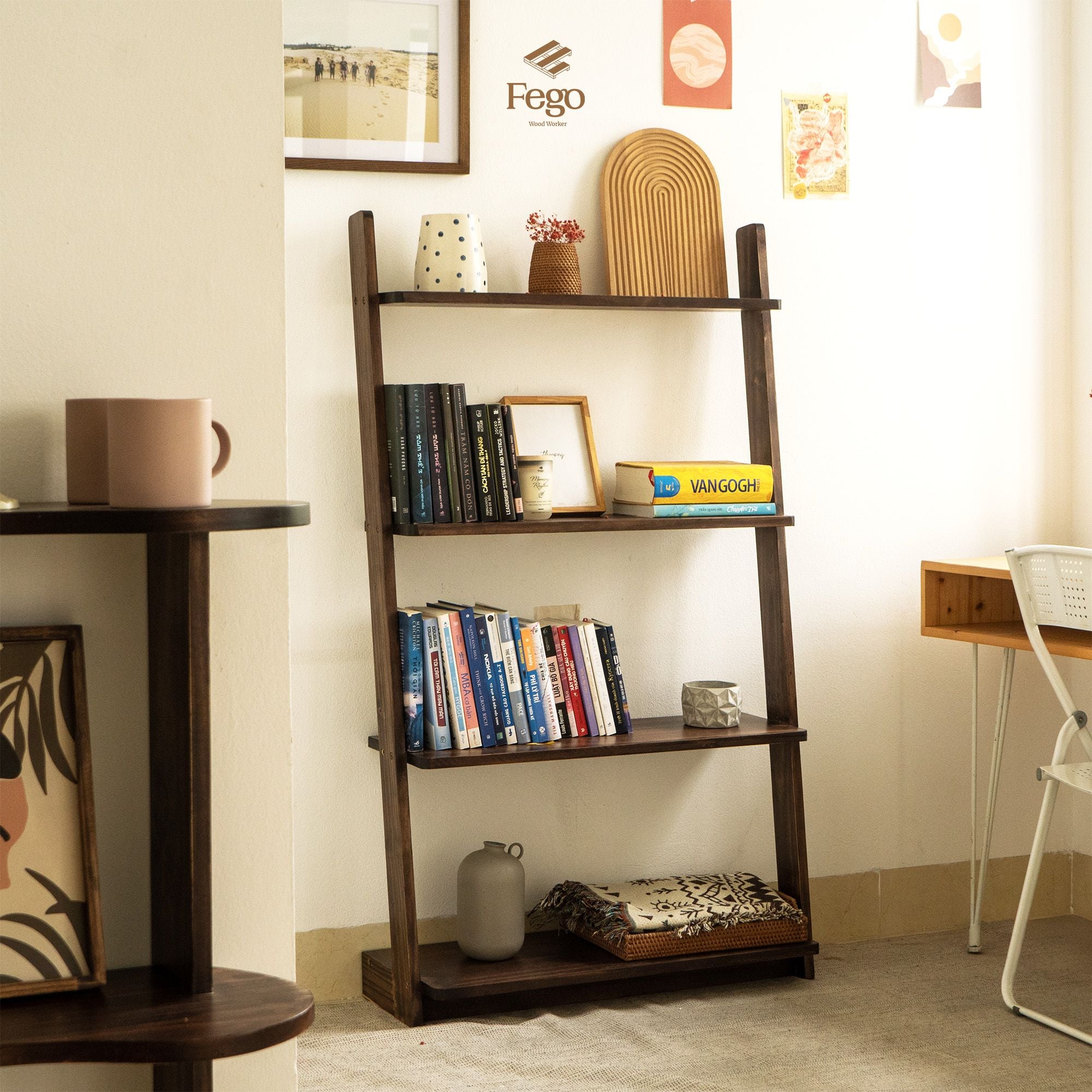 Kệ thang 4 tầng gỗ thông tự nhiên kết hợp chân đế chắc chắn, Kệ để sách, đồ trưng bày trang trí phòng khách , phòng làm việc 