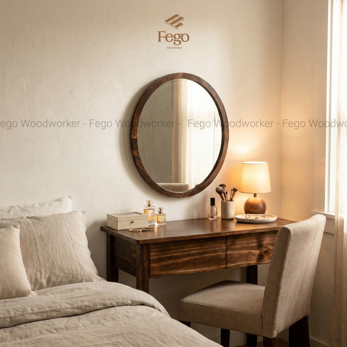  Gương Bầu Dục Treo Tường 60x50cm Viền Gỗ Tự Nhiên FEGO/ Gương Oval Treo Tường 