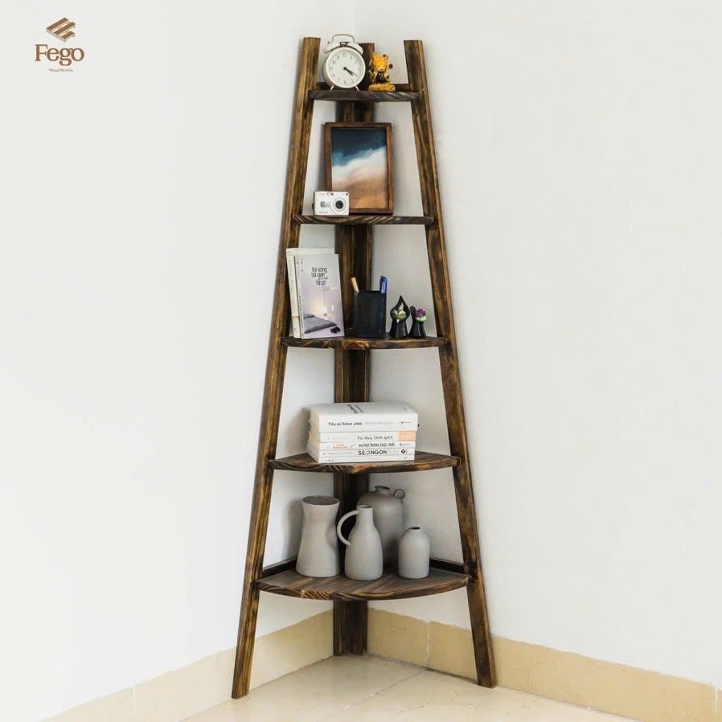  Kệ thang góc tường chữ A gỗ thông tự nhiên 5 tầng 