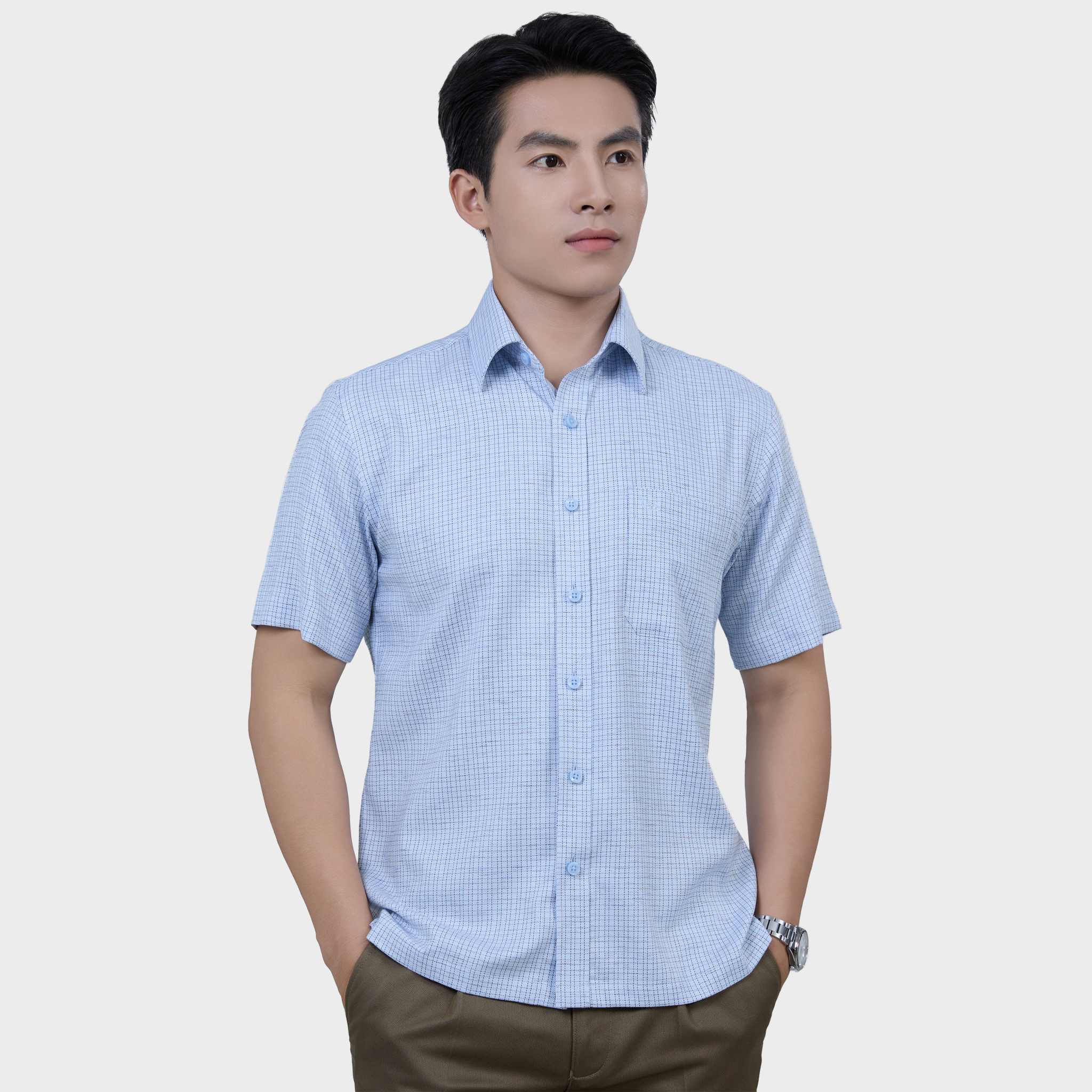  Áo Sơ Mi Caro Nam Ngắn Tay Vải Sợi Sồi, Co Giãn Thoải Mái – ABN.PMS.BE 376 