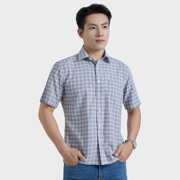  Áo Sơ Mi Caro Xám Nam Tay Ngắn Vải Sợi Sồi Trang Nhã Hiện Đại - ABN.PM.BE 364 
