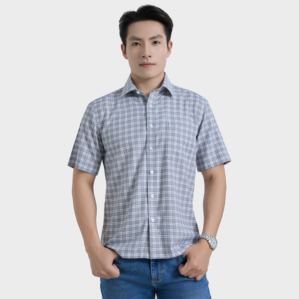  Áo Sơ Mi Caro Xám Nam Tay Ngắn Vải Sợi Sồi Trang Nhã Hiện Đại - ABN.PM.BE 364 