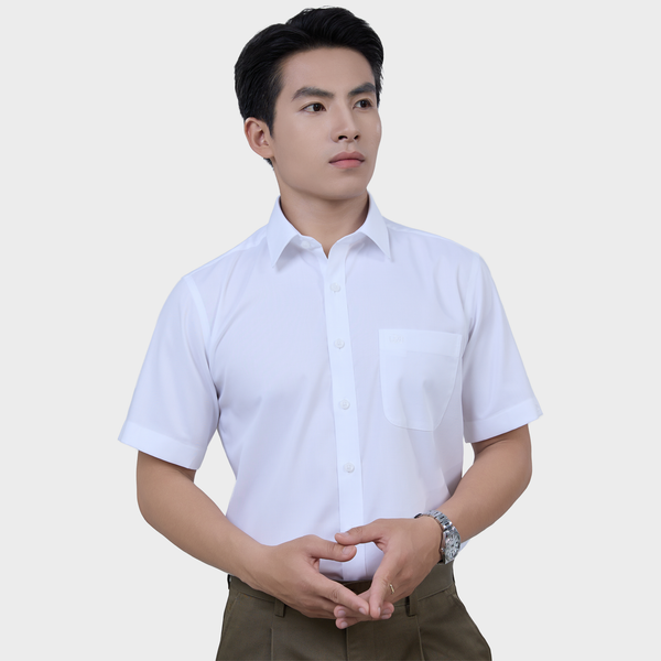  Áo Sơ Mi  Nam Ngắn Tay Trắng Trơn Dệt Twill Mềm Mịn – ABN.PMS.BE 379 