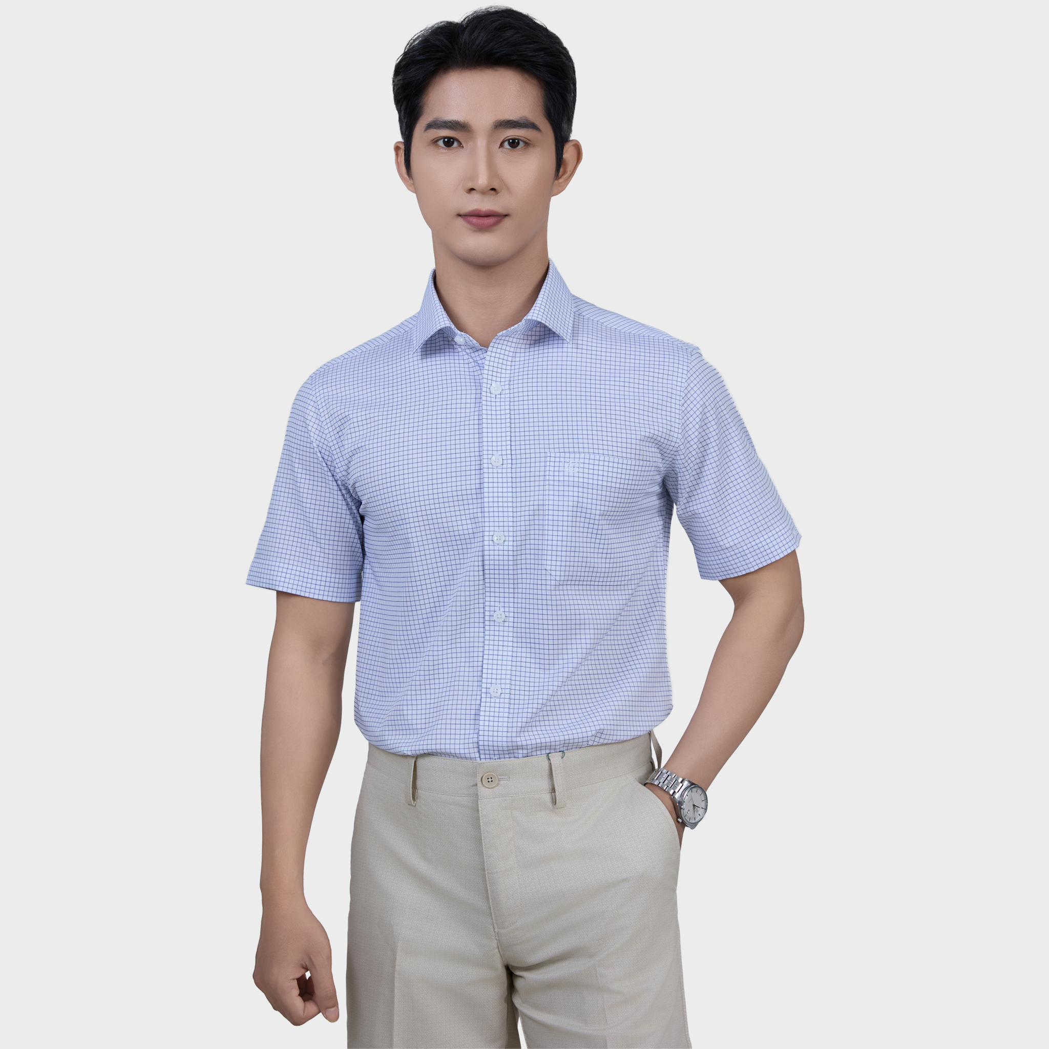  Áo Sơ Mi Caro Navy Nam Ngắn Tay Sợi Modal – Sang Trọng, Co Giãn - ABN.PMS.BE 375 
