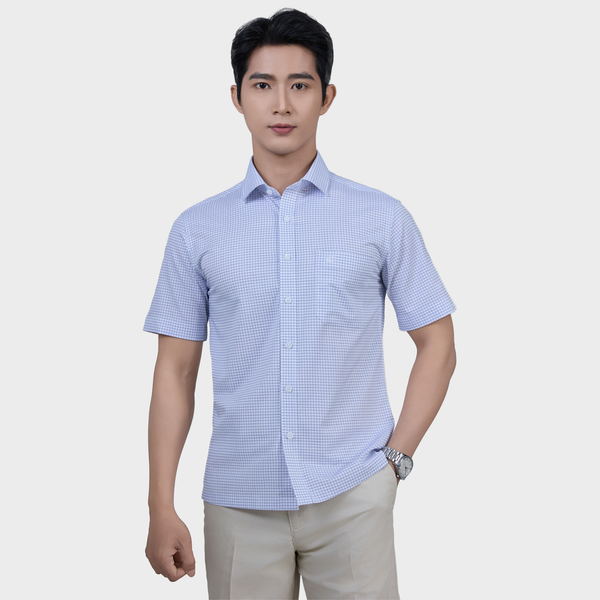  Áo Sơ Mi Caro Navy Nam Ngắn Tay Sợi Modal – Sang Trọng, Co Giãn - ABN.PMS.BE 375 