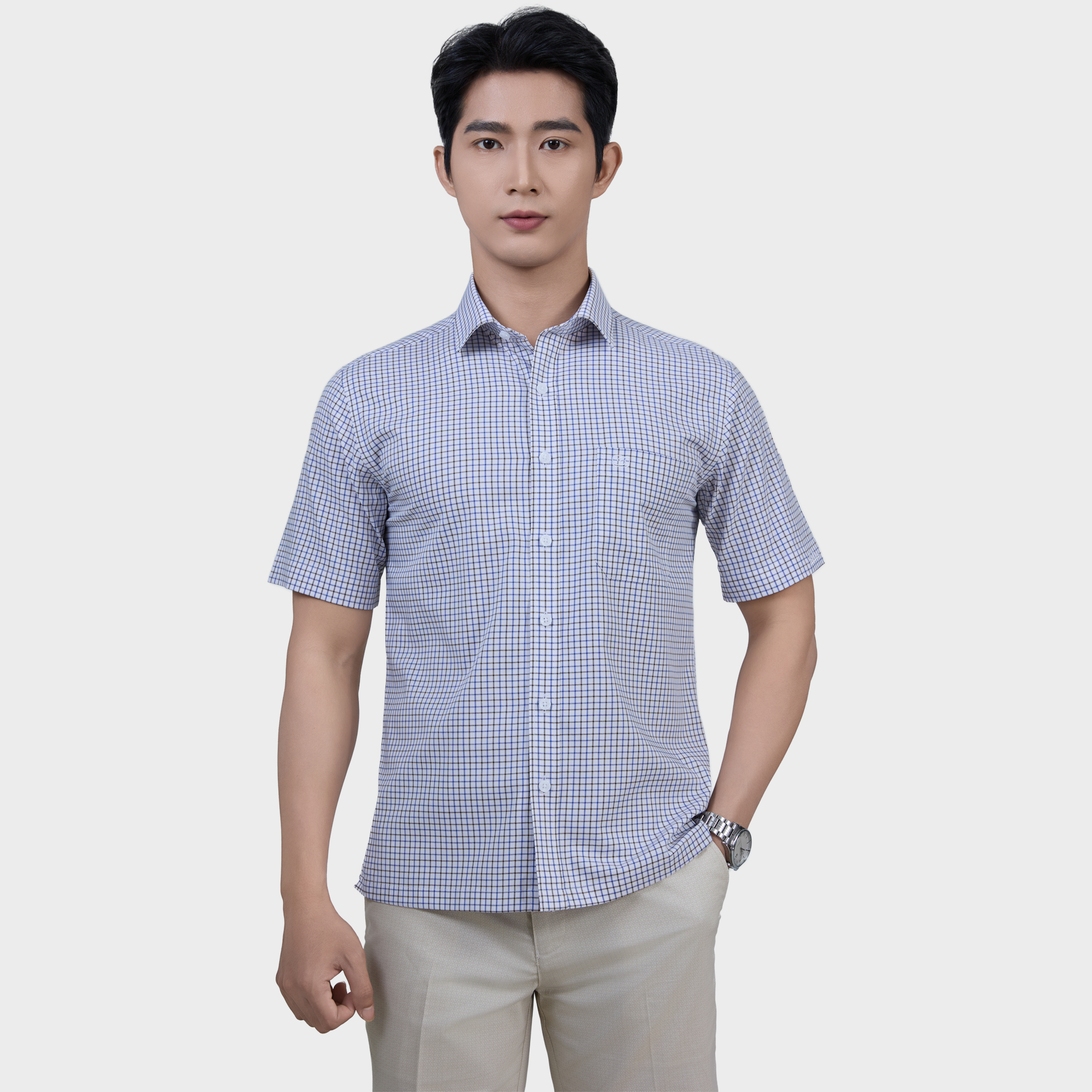  Áo Sơ Mi Caro Navy Nam Ngắn Tay Sợi Modal – Sang Trọng, Co Giãn - ABN.PMS.BE 375 