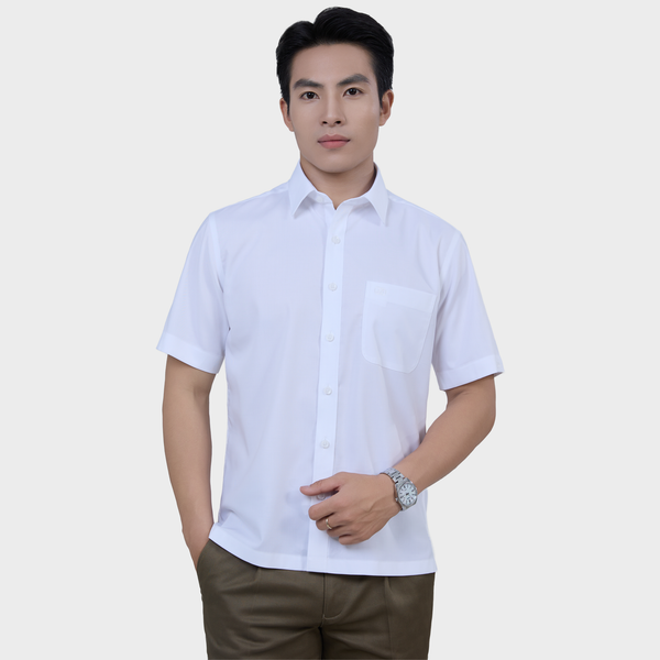  Áo Sơ Mi  Nam Ngắn Tay Trắng Trơn Dệt Twill Mềm Mịn – ABN.PMS.BE 379 