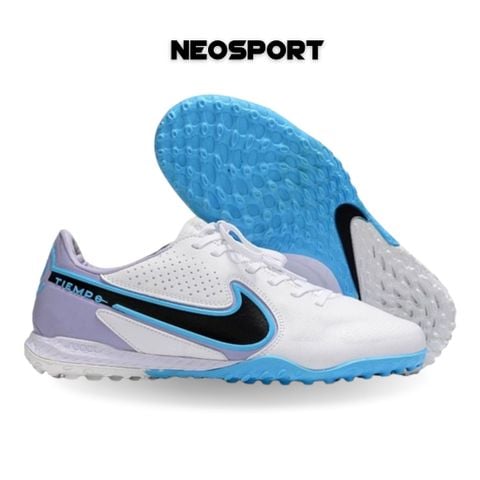  Giày Bóng Đá Cỏ Nhân Tạo Tiempo 9 Pro Bo Thun Trắng Đế Xanh Da TF 