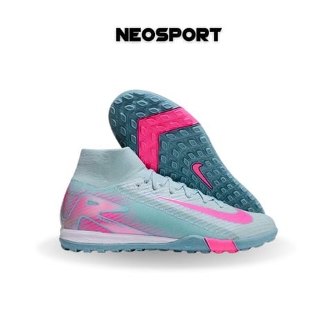  Giày Bóng Đá Cỏ Nhân Tạo Mercurial Superfly 10 Cổ Cao Xám Xanh Logo Hồng TF 