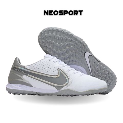 Giày Bóng Đá Cỏ Nhân Tạo Tiempo 9 Pro bo thun Trắng Gót Xám TF 