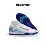  Giày Bóng Đá Cỏ Nhân Tạo Mercurial Superfly 10 Cổ Cao Trắng Đế Xanh Bích Hologram TF 