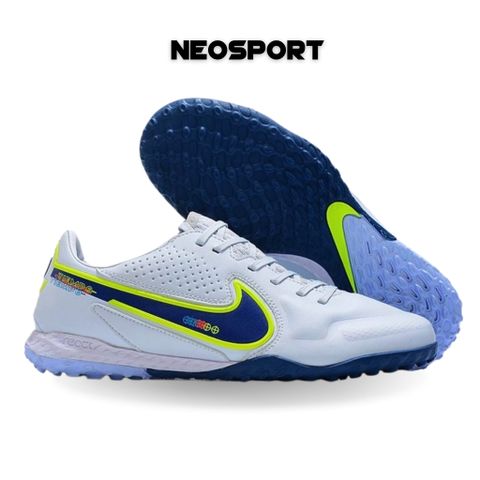  Giày Bóng Đá Cỏ Nhân Tạo Tiempo 9 Pro Bo Thun Trắng Logo Xanh Bích TF 