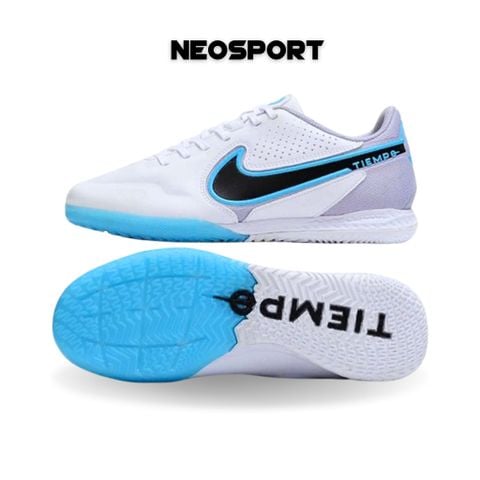  Giày Bóng Đá Futsal Tiempo 9 Trắng Đế Xanh Da IC 