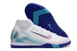  Giày Bóng Đá Cỏ Nhân Tạo Mercurial Superfly 10 Cổ Cao Trắng Đế Xanh Bích Hologram TF 