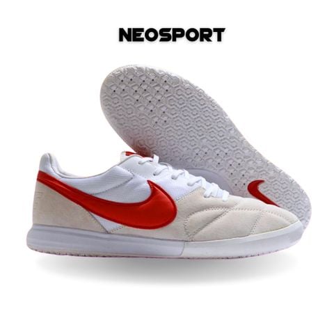  Giày Đá Banh Futsal Tiempo Sala Premier Trắng Xám Logo Đỏ IC 