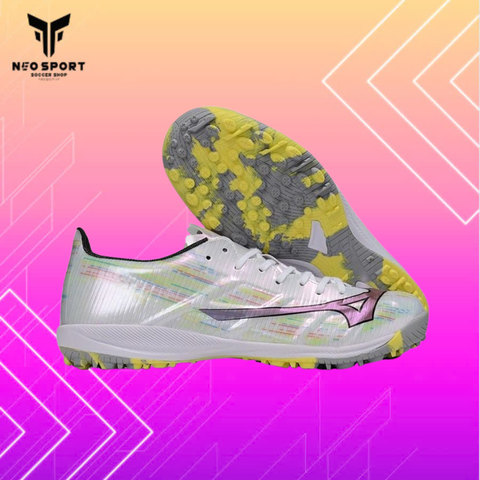  Giày Bóng Đá Cỏ Nhân Tạo Mizuno Alpha Elite Trắng Đế Xám Vàng TF 